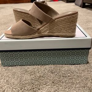 Tan faux suede wedges